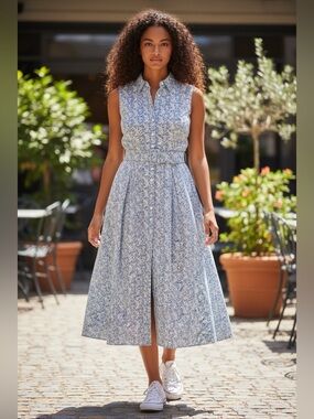 Samantha Sung Floral Blue Sleeveless Dress, Size 10